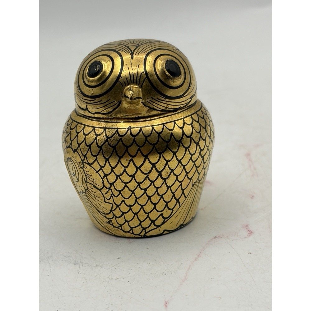 Vintage Burma Owl Trinket Box Gold Tone Resin‎ Plastic Lidded Box 2.5"